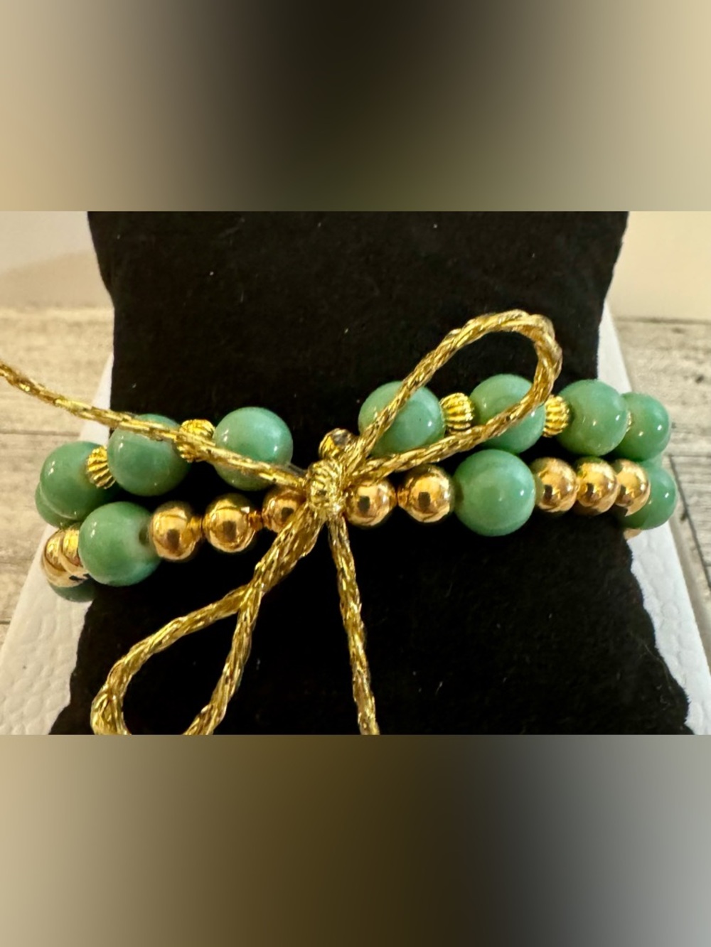 Green Bead and Gold-tone Stretch Bracelet Set of 2